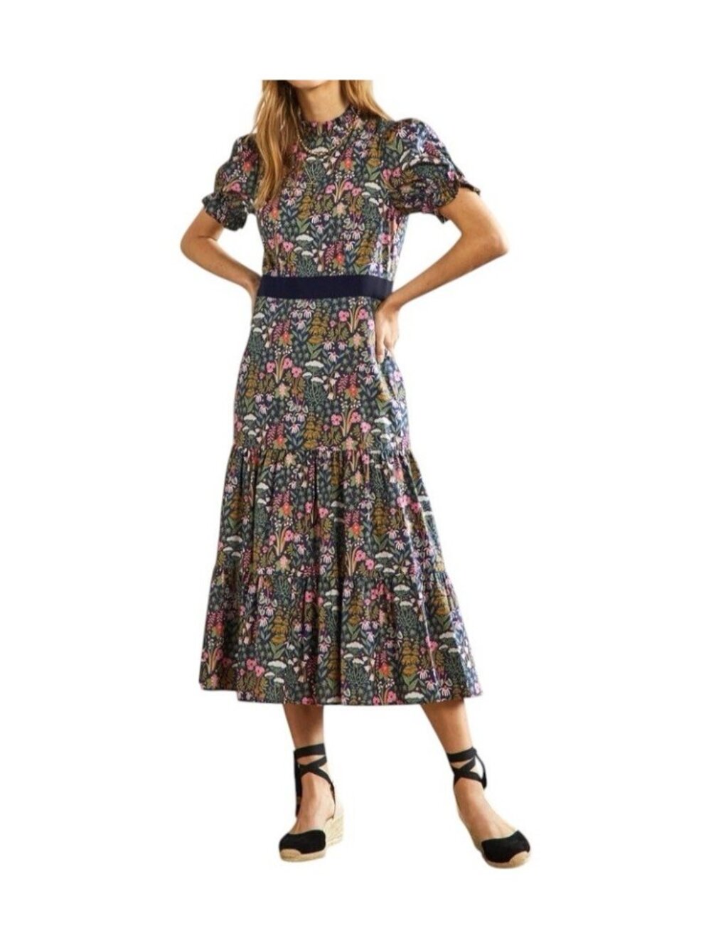 Boden Tiered Floral Puff Sleeve Boho Southern Prairie Midi Dress Size 6
